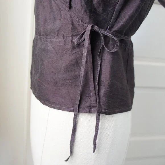 Dark Purple 100% Raw Silk Peplum Belted V Neck Top Size Small - Picture 3 of 12